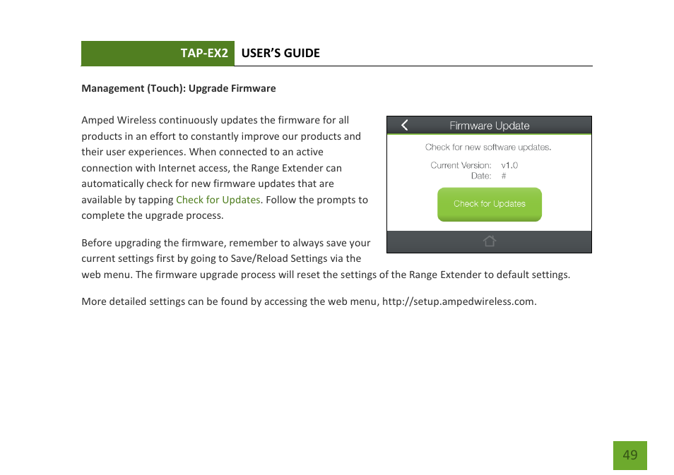 Upgrade firmware | Amped Wireless TAP-EX2 - High Power Touch Screen AC750 Wi-Fi Range Extender User Manual | Page 50 / 134