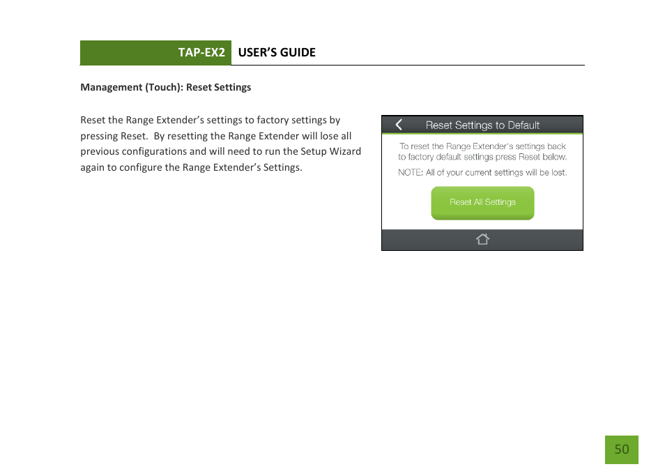 Reset settings | Amped Wireless TAP-EX2 - High Power Touch Screen AC750 Wi-Fi Range Extender User Manual | Page 51 / 134