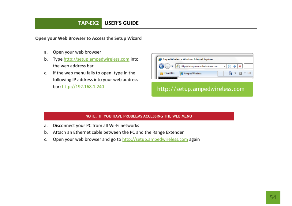 Open your web browser to access the setup wizard | Amped Wireless TAP-EX2 - High Power Touch Screen AC750 Wi-Fi Range Extender User Manual | Page 55 / 134