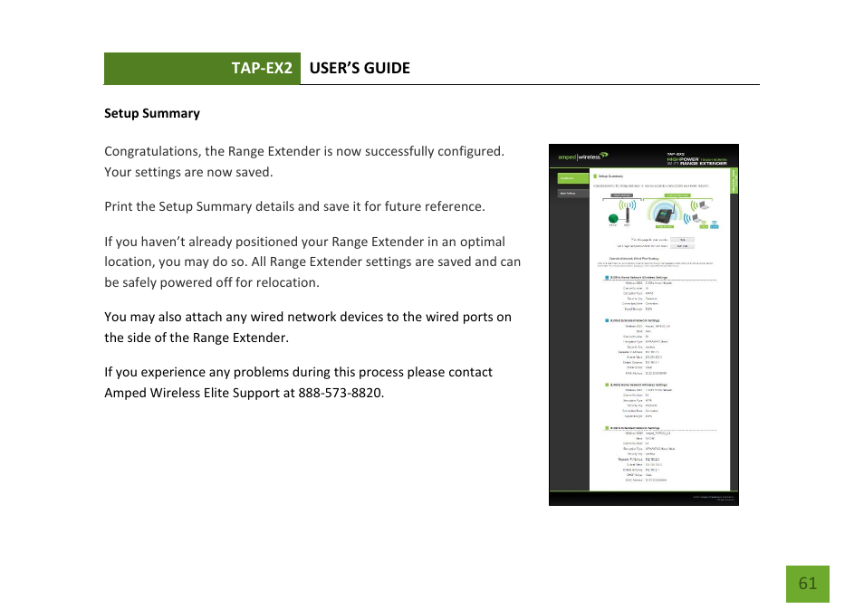 Setup summary | Amped Wireless TAP-EX2 - High Power Touch Screen AC750 Wi-Fi Range Extender User Manual | Page 62 / 134