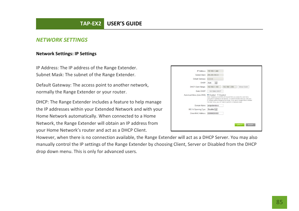 Network settings (web menu) ip settings | Amped Wireless TAP-EX2 - High Power Touch Screen AC750 Wi-Fi Range Extender User Manual | Page 86 / 134