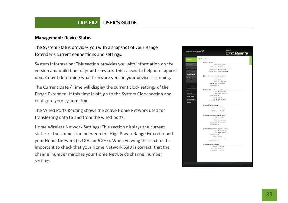 Device status | Amped Wireless TAP-EX2 - High Power Touch Screen AC750 Wi-Fi Range Extender User Manual | Page 90 / 134