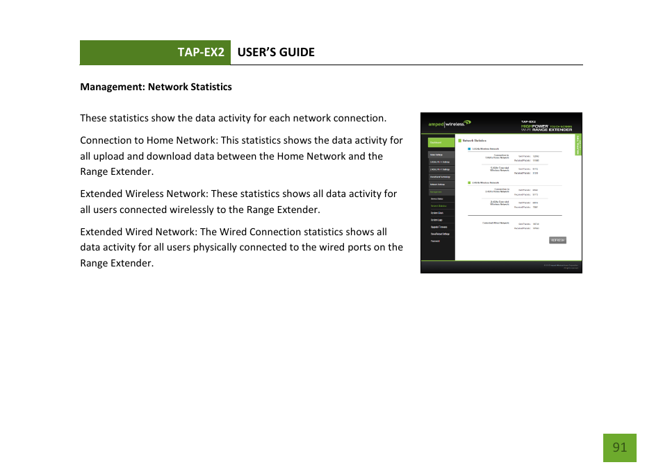 Network statistics | Amped Wireless TAP-EX2 - High Power Touch Screen AC750 Wi-Fi Range Extender User Manual | Page 92 / 134