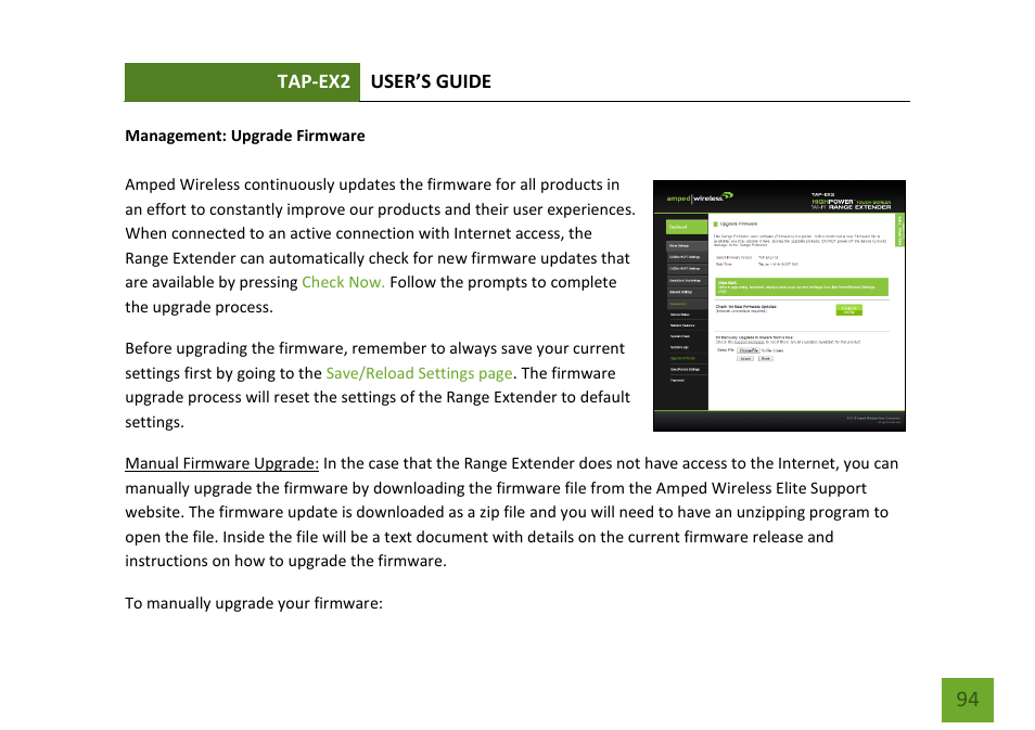 Upgrade firmware | Amped Wireless TAP-EX2 - High Power Touch Screen AC750 Wi-Fi Range Extender User Manual | Page 95 / 134