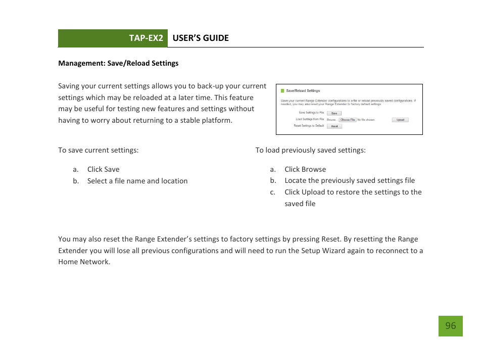 Save/reload settings | Amped Wireless TAP-EX2 - High Power Touch Screen AC750 Wi-Fi Range Extender User Manual | Page 97 / 134