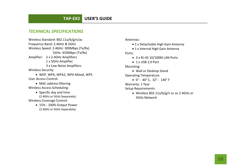 Tap-ex2 user’s guide, Technical specifications | Amped Wireless TAP-EX2 - High Power Touch Screen AC750 Wi-Fi Range Extender User Manual | Page 99 / 134