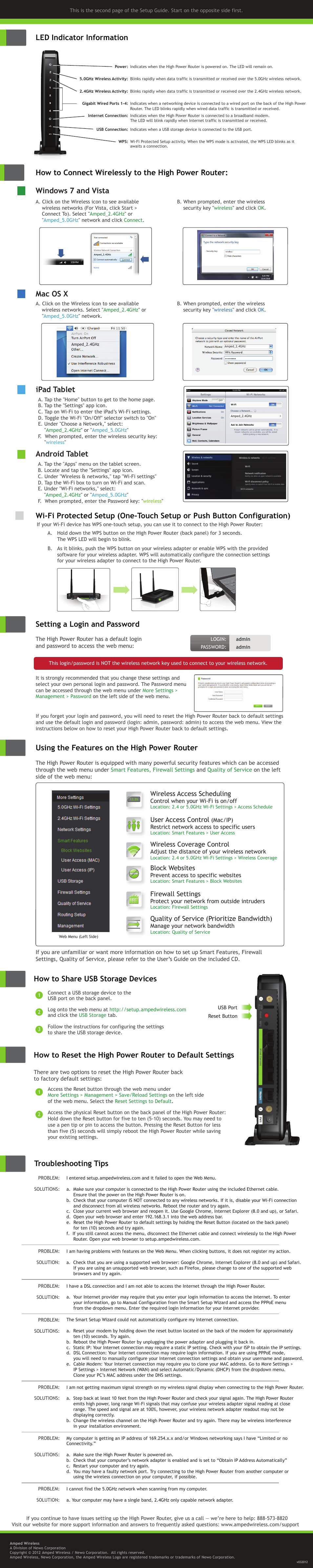 Troubleshooting tips, Led indicator information, How to share usb storage devices | Using the features on the high power router, Setting a login and password, Ipad tablet, Android tablet, Mac os x, Wireless access scheduling, User access control | Amped Wireless R20000G - High Power Wireless-N 600mW Gigabit Dual Band Router User Manual | Page 2 / 2