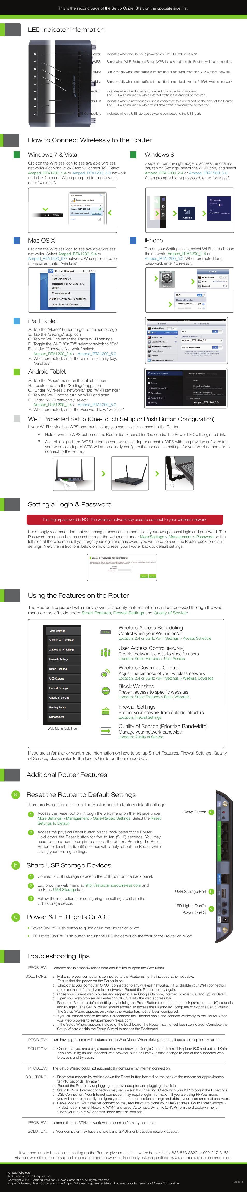 Troubleshooting tips, Share usb storage devices, Power & led lights on/off | Using the features on the router, Setting a login & password, Ipad tablet, Android tablet mac os x, Iphone, Windows 8, Led indicator information a b c | Amped Wireless RTA1200 - High Power AC1200 Wi-Fi Router User Manual | Page 2 / 2