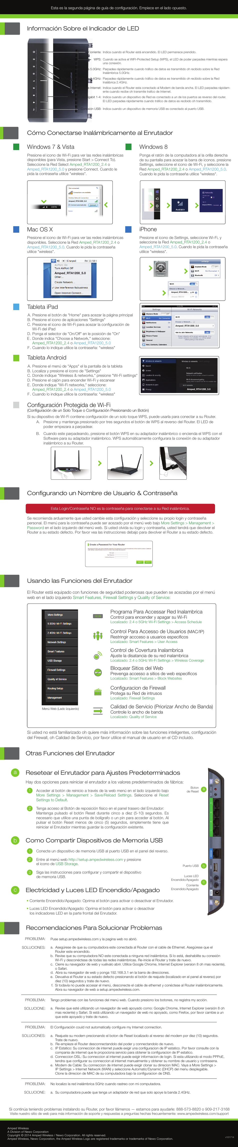 Recomendaciones para solucionar problemas, Electricidad y luces led encendido/apagado, Usando las funciones del enrutador | Configurando un nombre de usuario & contraseña, Configuración protegida de wi-fi, Tableta ipad, Tableta android, Mac os x, Iphone, Windows 8 | Amped Wireless RTA1200 - High Power AC1200 Wi-Fi Router User Manual | Page 2 / 2