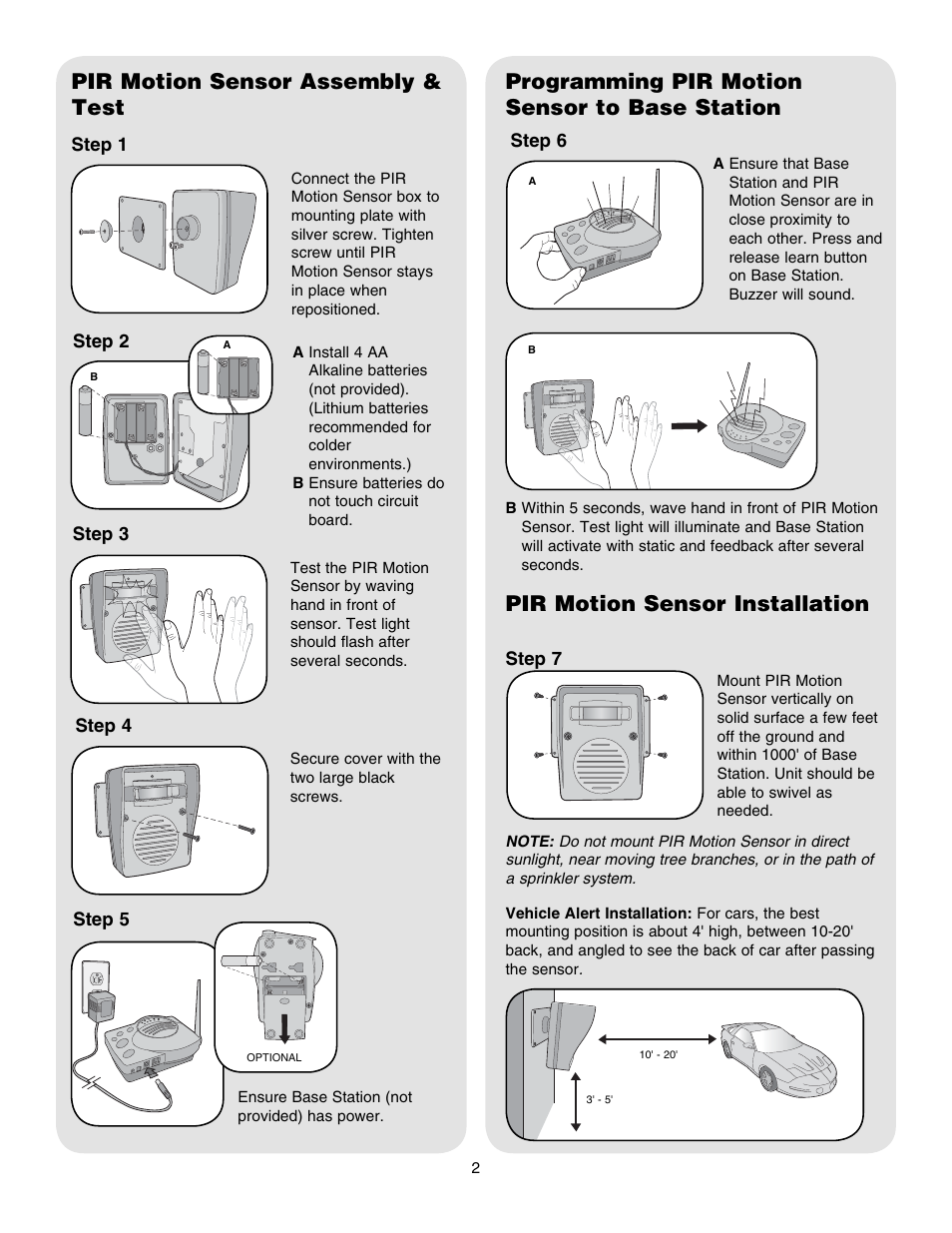 Pir motion sensor assembly & test, Programming pir motionsensor to base station | Chamberlain PIRV400R User Manual | Page 2 / 4