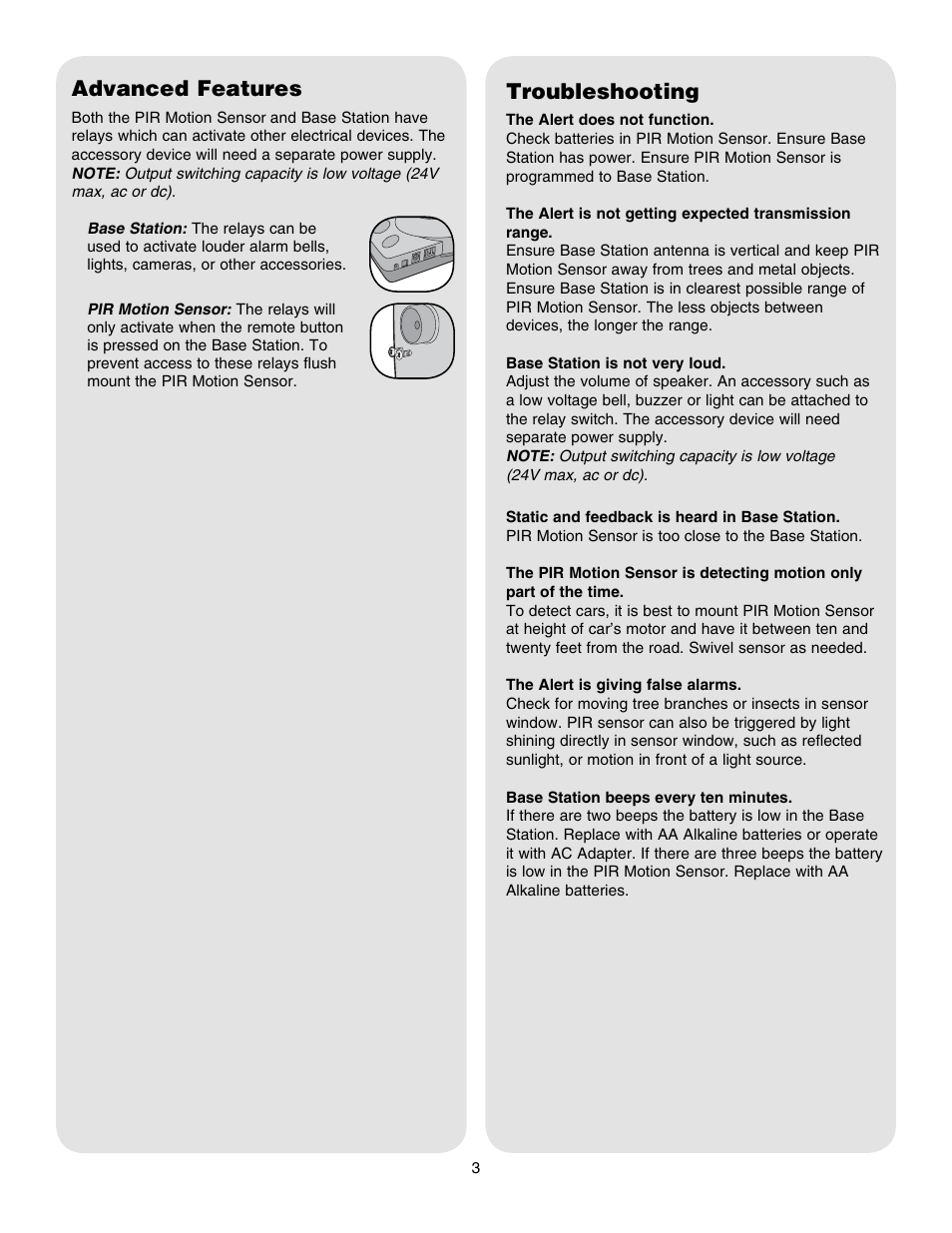 Pir motion sensor installation, Advanced features, Troubleshooting | Chamberlain PIRV400R User Manual | Page 3 / 4