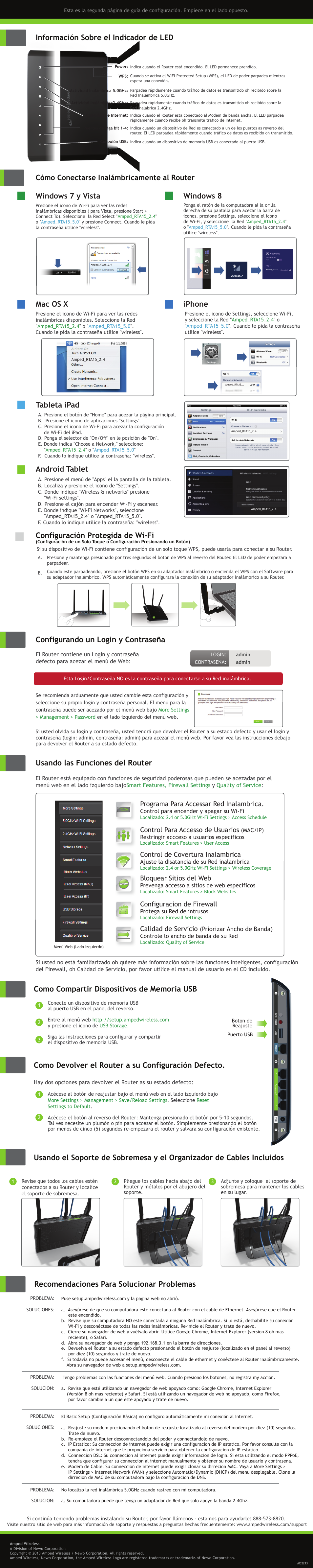 Recomendaciones para solucionar problemas, Como devolver el router a su configuración defecto, Usando las funciones del router | Configurando un login y contraseña, Configuración protegida de wi-fi, Tableta ipad, Android tablet, Mac os x, Windows 7 y vista, Iphone | Amped Wireless RTA15 - High Power 700mW Dual Band AC Wi-Fi Router User Manual | Page 2 / 2