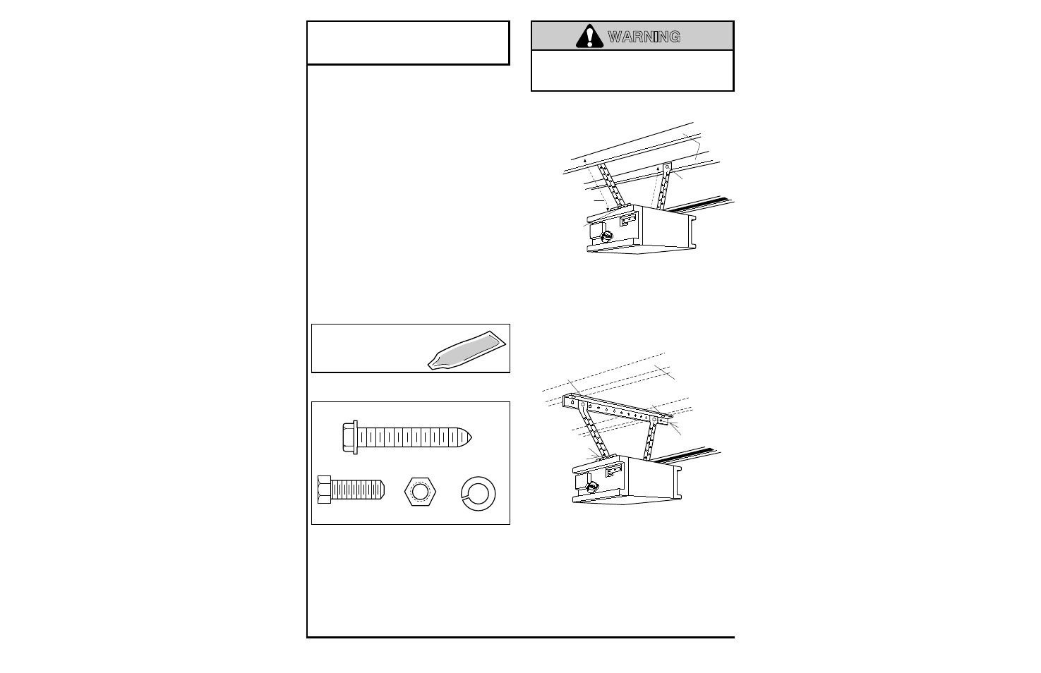 5) hang the opener, Warning caution warning, Installation step 5 | Hang the opener, Figure 1 figure 2 | Chamberlain 1280 - 1/2 HP User Manual | Page 13 / 36
