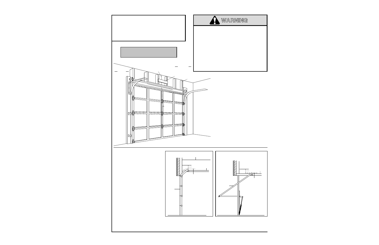 1) determine header bracket location, Sectional doors and one piece door with track, Warning | Installation step 1, Proceed to step 2, page 10, Determine header bracket location | Chamberlain 1280 - 1/2 HP User Manual | Page 8 / 36