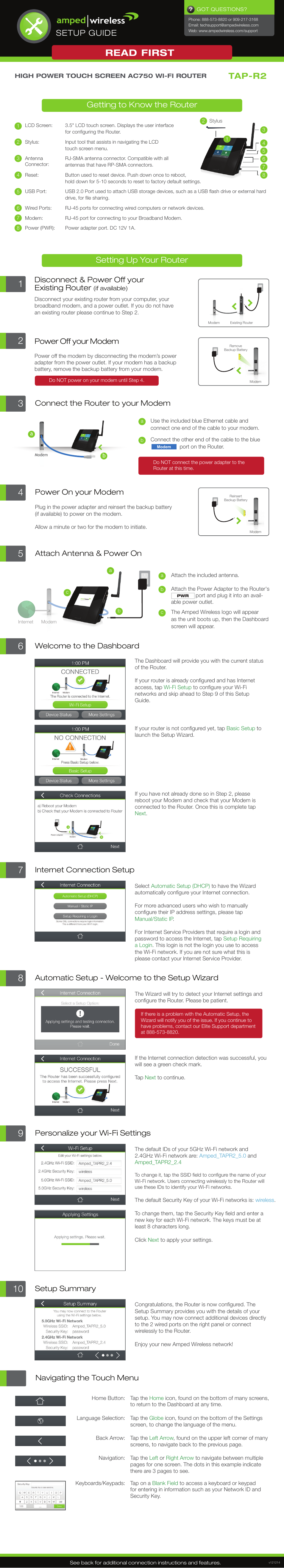 Amped Wireless TAP-R2 - High Power Touch Screen AC750 Wi-Fi Router User Manual | 2 pages