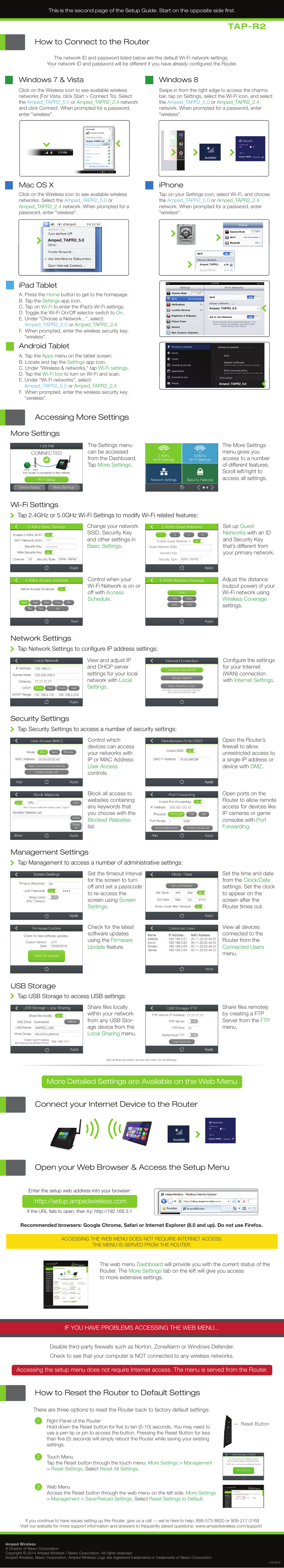 Tap-r2, Open your web browser & access the setup menu, Connect your internet device to the router | How to reset the router to default settings, How to connect to the router, Accessing more settings, Iphone, Windows 7 & vista mac os x, Windows 8, Ipad tablet | Amped Wireless TAP-R2 - High Power Touch Screen AC750 Wi-Fi Router User Manual | Page 2 / 2