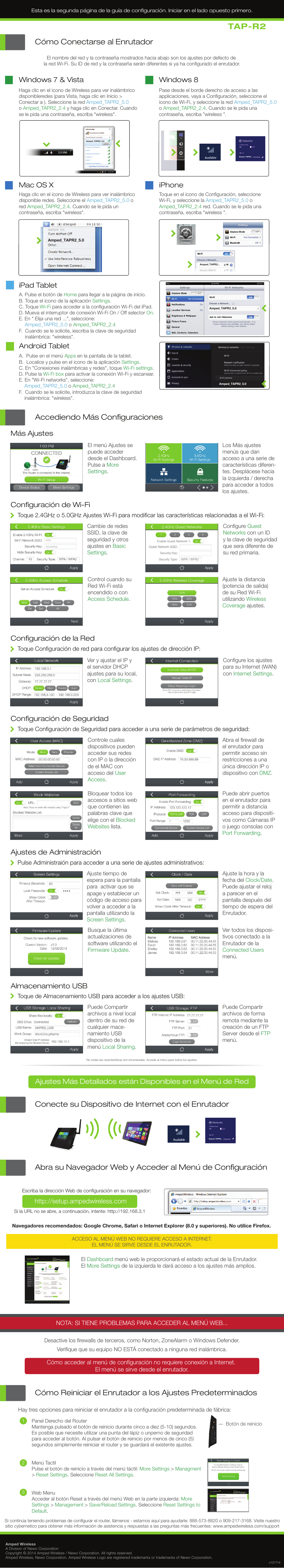 Tap-r2, Cómo conectarse al enrutador, Accediendo más configuraciones | Iphone, Windows 7 & vista mac os x, Windows 8, Ipad tablet, Android tablet, Más ajustes configuración de wi-fi, Configuración de la red | Amped Wireless TAP-R2 - High Power Touch Screen AC750 Wi-Fi Router User Manual | Page 2 / 2