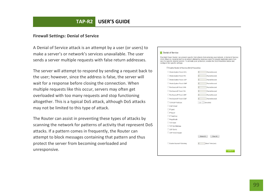 Denial of service | Amped Wireless TAP-R2 - High Power Touch Screen AC750 Wi-Fi Router User Manual | Page 100 / 149