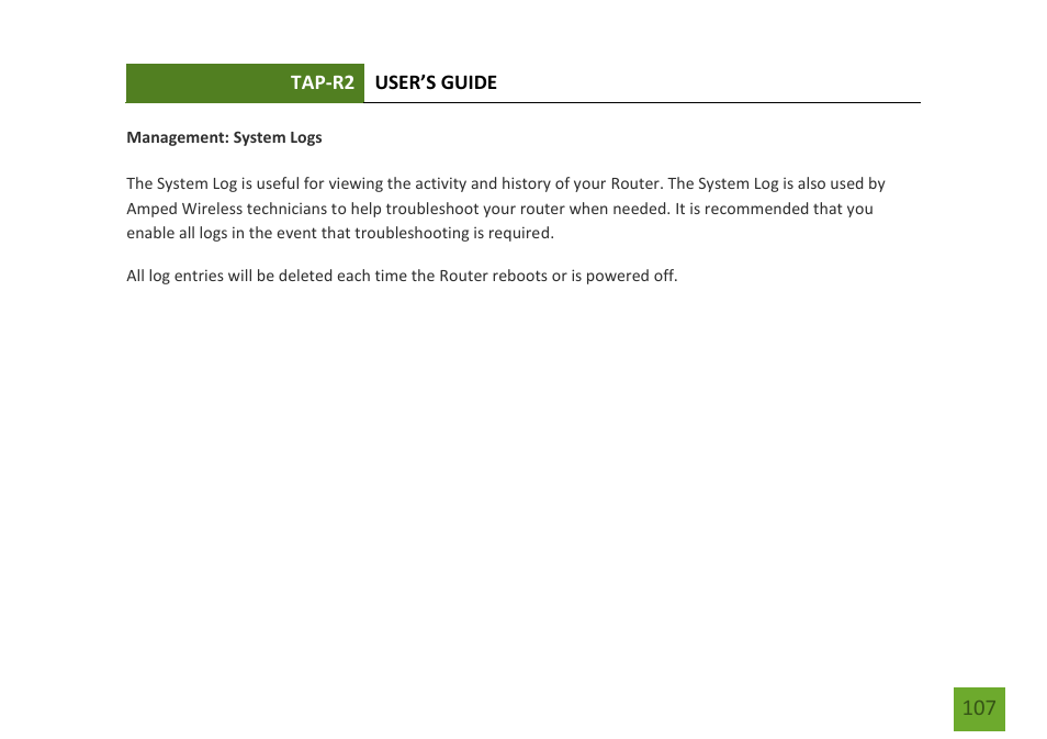 System logs | Amped Wireless TAP-R2 - High Power Touch Screen AC750 Wi-Fi Router User Manual | Page 108 / 149