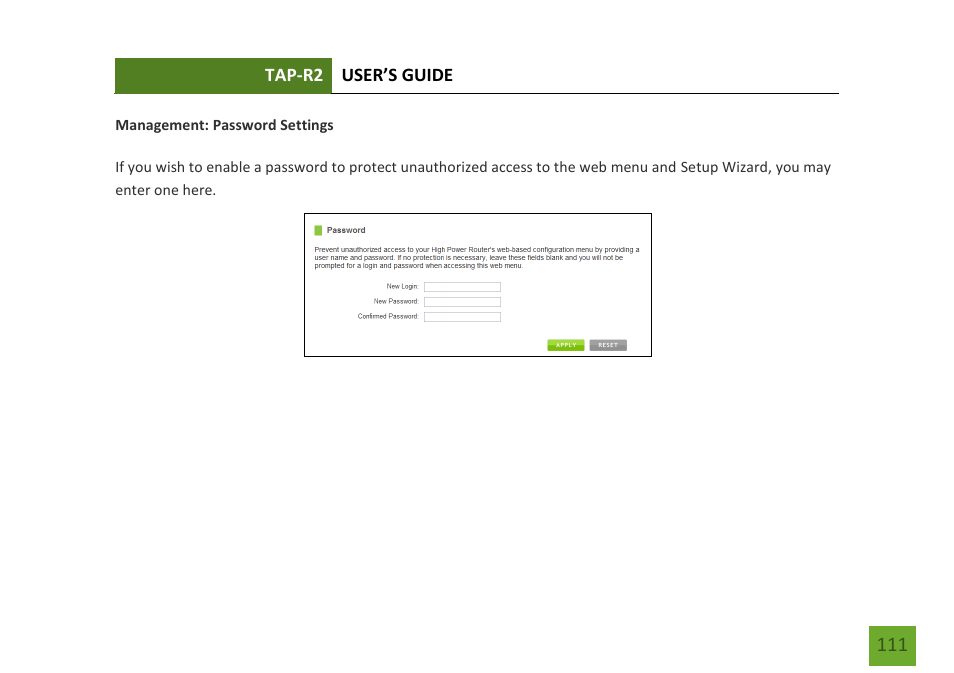 Password settings | Amped Wireless TAP-R2 - High Power Touch Screen AC750 Wi-Fi Router User Manual | Page 112 / 149