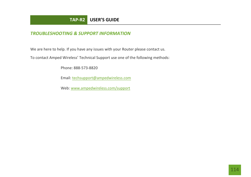 Troubleshooting & support info | Amped Wireless TAP-R2 - High Power Touch Screen AC750 Wi-Fi Router User Manual | Page 115 / 149