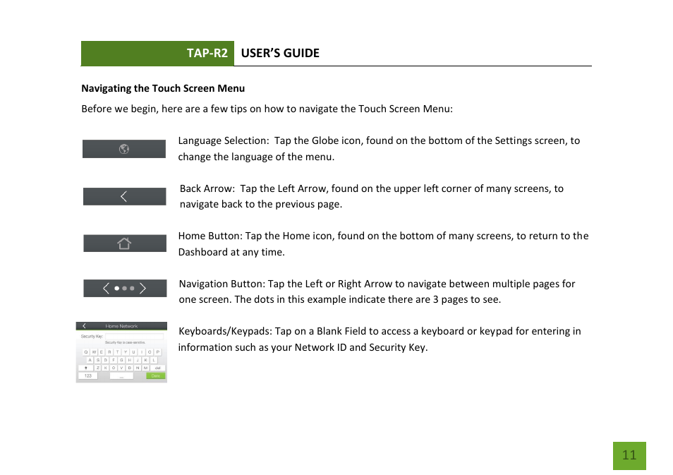Navigating the touch screen menu | Amped Wireless TAP-R2 - High Power Touch Screen AC750 Wi-Fi Router User Manual | Page 12 / 149