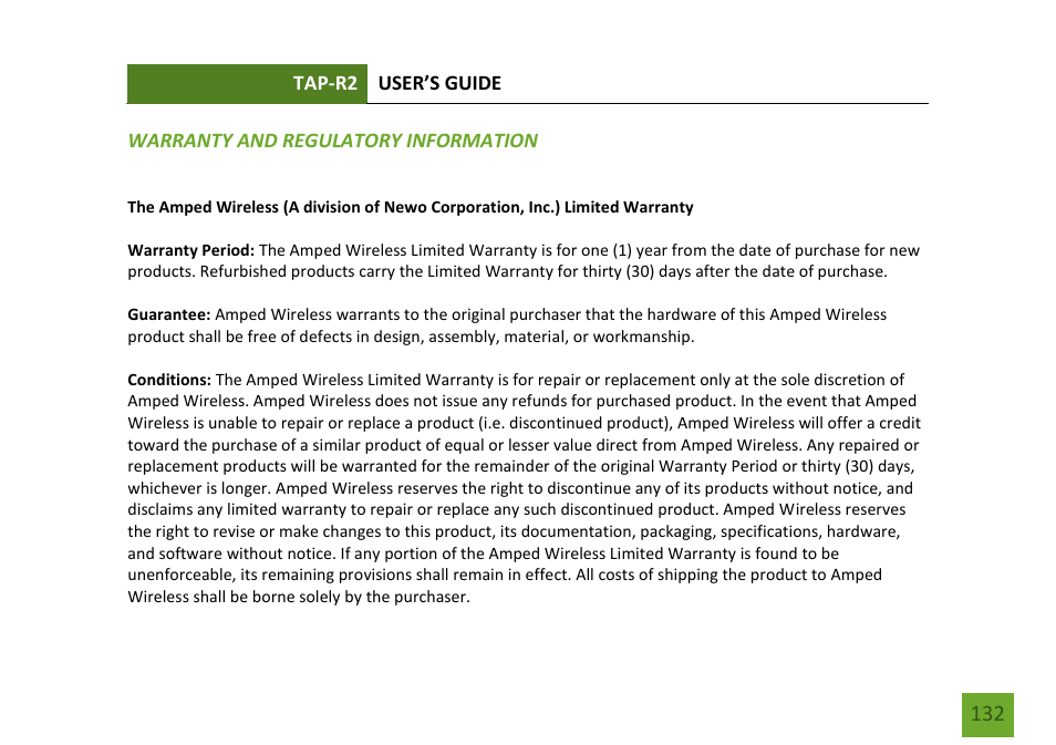 Warranty and regulatory info, Legal n | Amped Wireless TAP-R2 - High Power Touch Screen AC750 Wi-Fi Router User Manual | Page 133 / 149