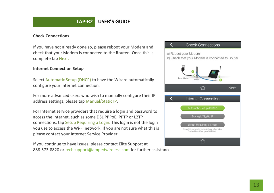 Internet connection setup | Amped Wireless TAP-R2 - High Power Touch Screen AC750 Wi-Fi Router User Manual | Page 14 / 149