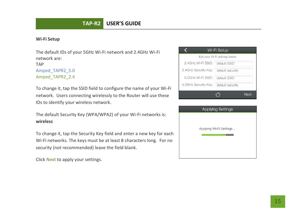 Wi-fi setup | Amped Wireless TAP-R2 - High Power Touch Screen AC750 Wi-Fi Router User Manual | Page 16 / 149