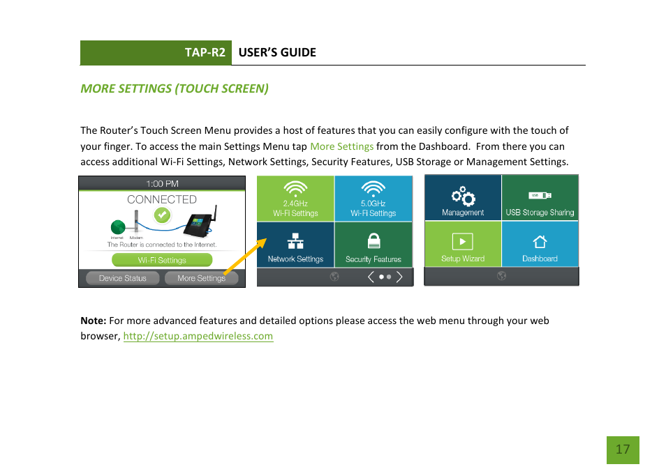 More settings (touch menu) | Amped Wireless TAP-R2 - High Power Touch Screen AC750 Wi-Fi Router User Manual | Page 18 / 149