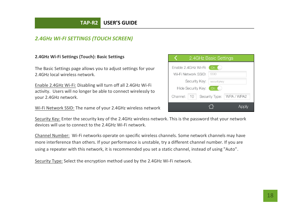 4ghz wi-fi settings (touch menu), Basic settings | Amped Wireless TAP-R2 - High Power Touch Screen AC750 Wi-Fi Router User Manual | Page 19 / 149