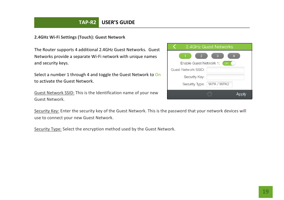 Guest network | Amped Wireless TAP-R2 - High Power Touch Screen AC750 Wi-Fi Router User Manual | Page 20 / 149
