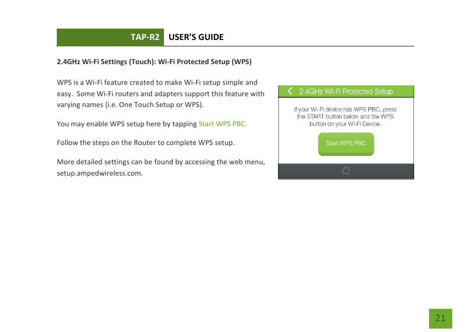 Wi-fi protected setup (wps) | Amped Wireless TAP-R2 - High Power Touch Screen AC750 Wi-Fi Router User Manual | Page 22 / 149