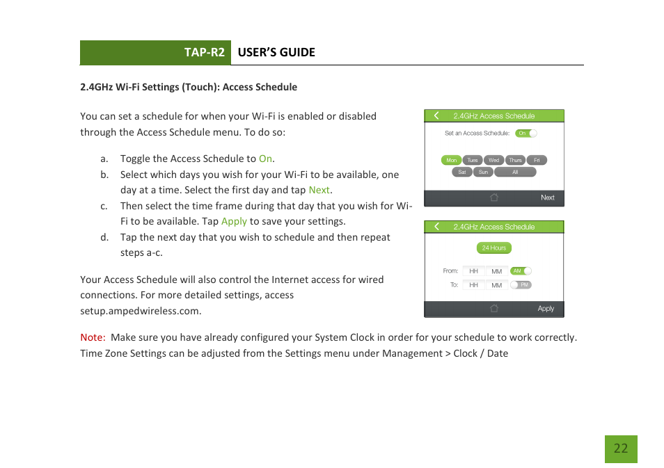 Access schedule | Amped Wireless TAP-R2 - High Power Touch Screen AC750 Wi-Fi Router User Manual | Page 23 / 149