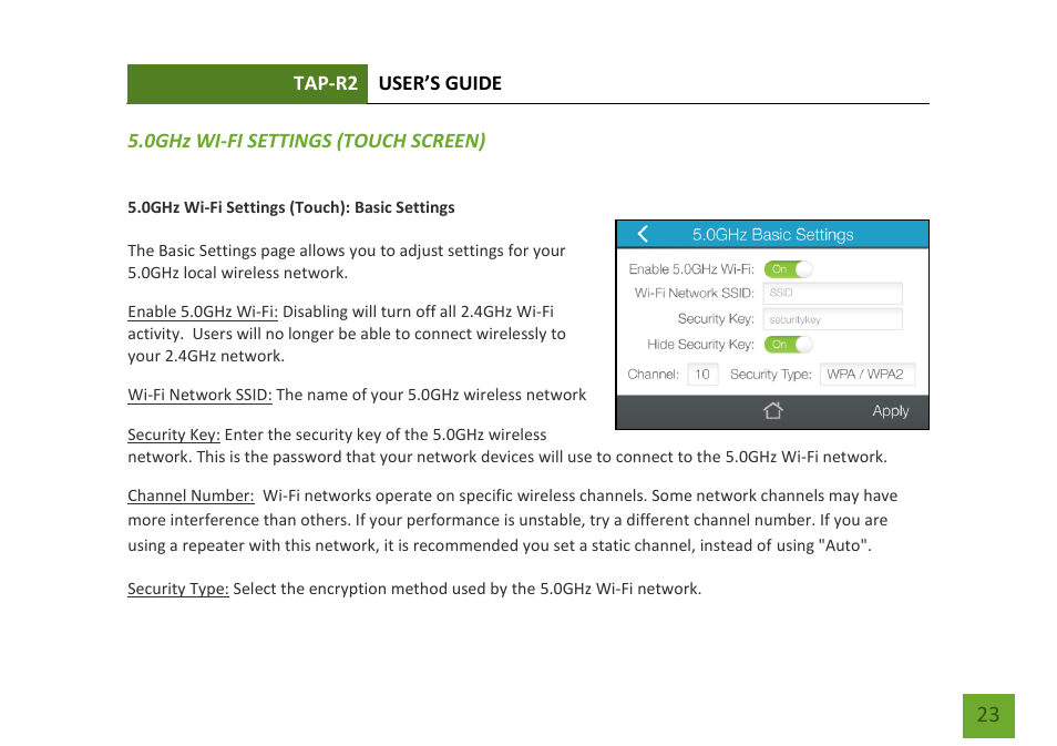 0ghz wi-fi settings (touch menu), Basic settings | Amped Wireless TAP-R2 - High Power Touch Screen AC750 Wi-Fi Router User Manual | Page 24 / 149