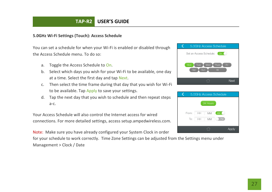 Access schedule | Amped Wireless TAP-R2 - High Power Touch Screen AC750 Wi-Fi Router User Manual | Page 28 / 149