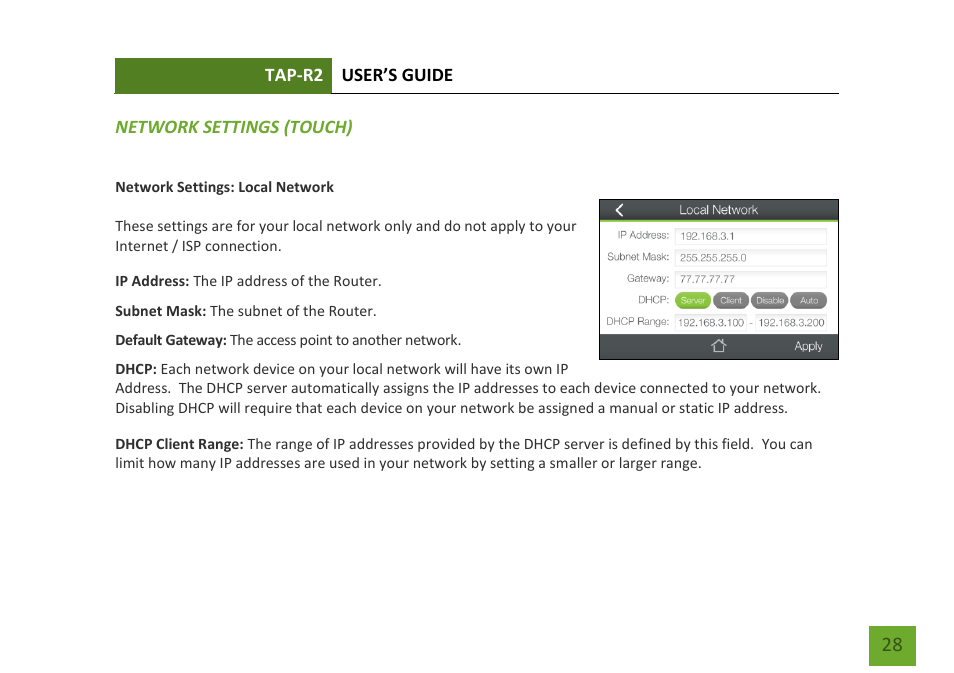 Network settings (touch menu), Local network | Amped Wireless TAP-R2 - High Power Touch Screen AC750 Wi-Fi Router User Manual | Page 29 / 149