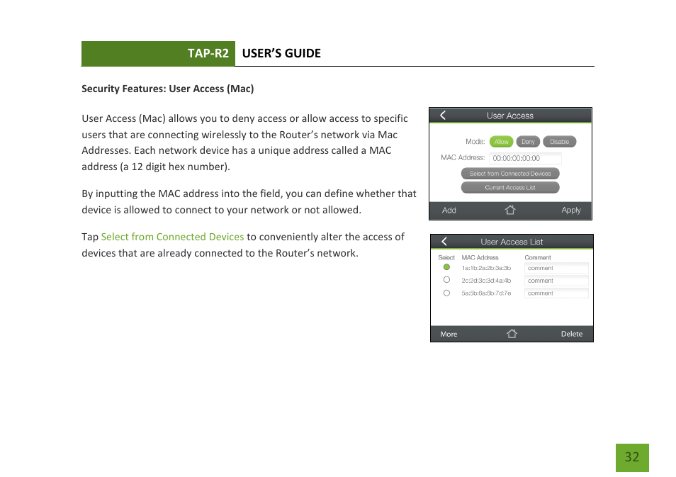 User access (mac) | Amped Wireless TAP-R2 - High Power Touch Screen AC750 Wi-Fi Router User Manual | Page 33 / 149