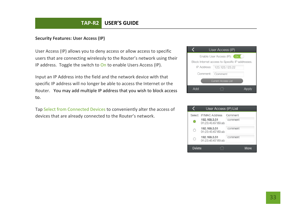 User access (ip) | Amped Wireless TAP-R2 - High Power Touch Screen AC750 Wi-Fi Router User Manual | Page 34 / 149