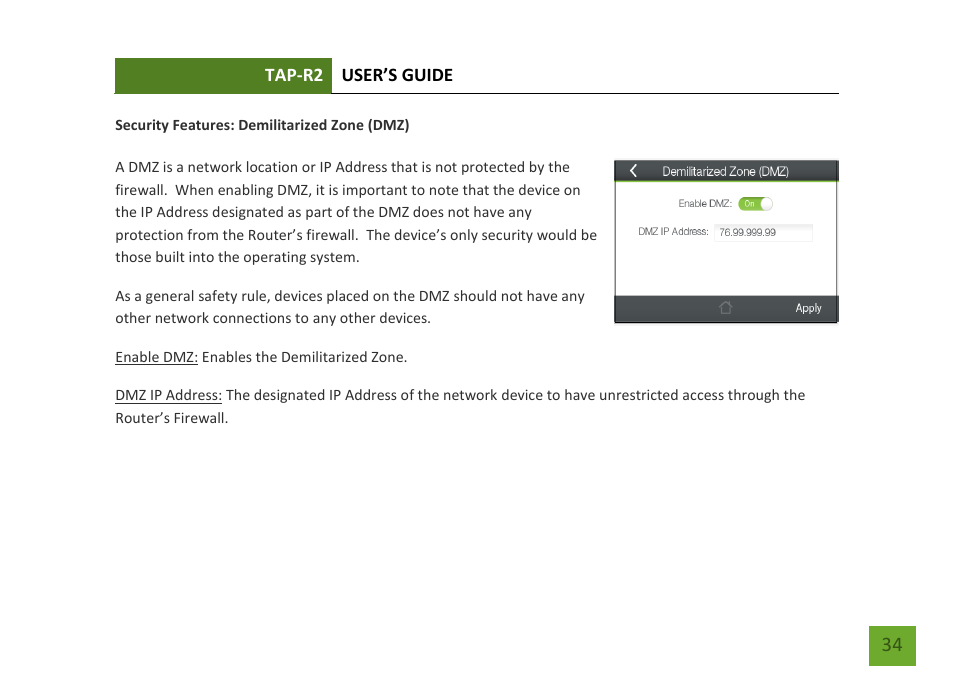 Demilitarized zone (dmz) | Amped Wireless TAP-R2 - High Power Touch Screen AC750 Wi-Fi Router User Manual | Page 35 / 149