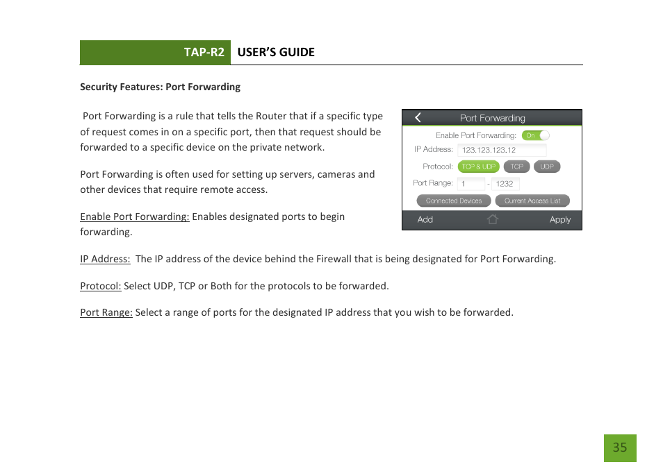 Port forwarding, Port filtering | Amped Wireless TAP-R2 - High Power Touch Screen AC750 Wi-Fi Router User Manual | Page 36 / 149
