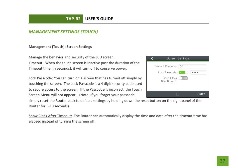 Management settings (touch menu), Screen settings | Amped Wireless TAP-R2 - High Power Touch Screen AC750 Wi-Fi Router User Manual | Page 38 / 149