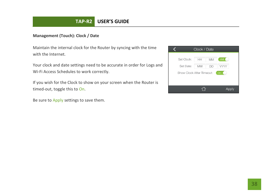 Clock / date | Amped Wireless TAP-R2 - High Power Touch Screen AC750 Wi-Fi Router User Manual | Page 39 / 149