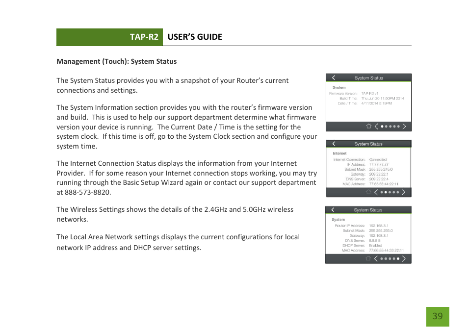 System status | Amped Wireless TAP-R2 - High Power Touch Screen AC750 Wi-Fi Router User Manual | Page 40 / 149