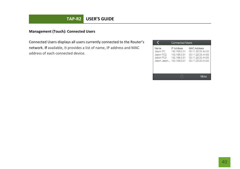 Connected users | Amped Wireless TAP-R2 - High Power Touch Screen AC750 Wi-Fi Router User Manual | Page 41 / 149