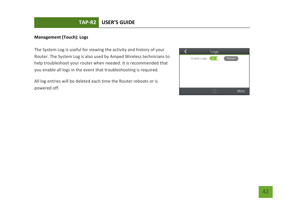 Logs | Amped Wireless TAP-R2 - High Power Touch Screen AC750 Wi-Fi Router User Manual | Page 43 / 149