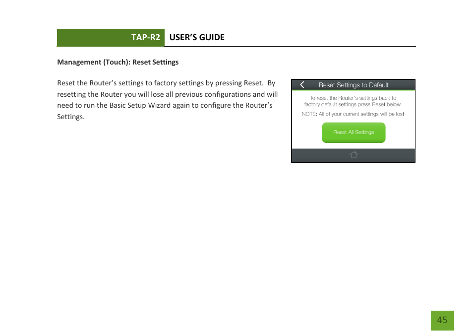 Reset settings | Amped Wireless TAP-R2 - High Power Touch Screen AC750 Wi-Fi Router User Manual | Page 46 / 149