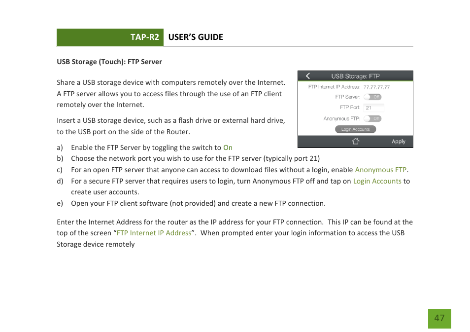 Ftp server | Amped Wireless TAP-R2 - High Power Touch Screen AC750 Wi-Fi Router User Manual | Page 48 / 149