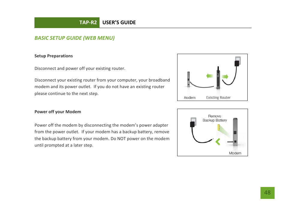 Basic setup guide (web menu), Setup preparations | Amped Wireless TAP-R2 - High Power Touch Screen AC750 Wi-Fi Router User Manual | Page 49 / 149