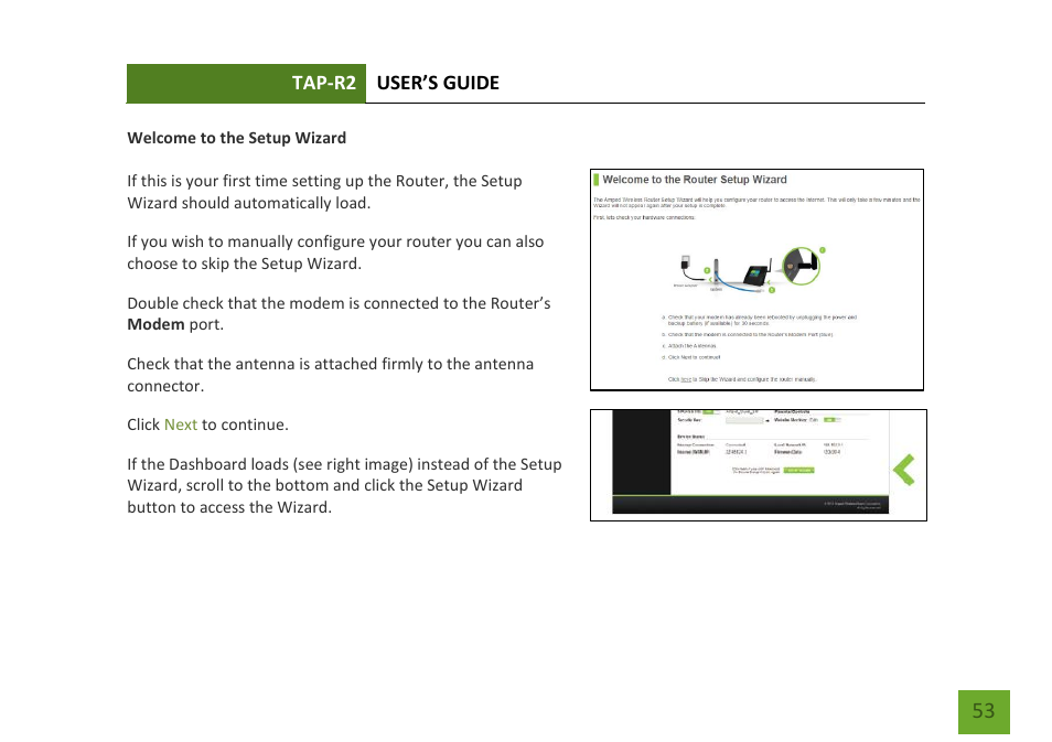 Welcome to the setup wizard | Amped Wireless TAP-R2 - High Power Touch Screen AC750 Wi-Fi Router User Manual | Page 54 / 149